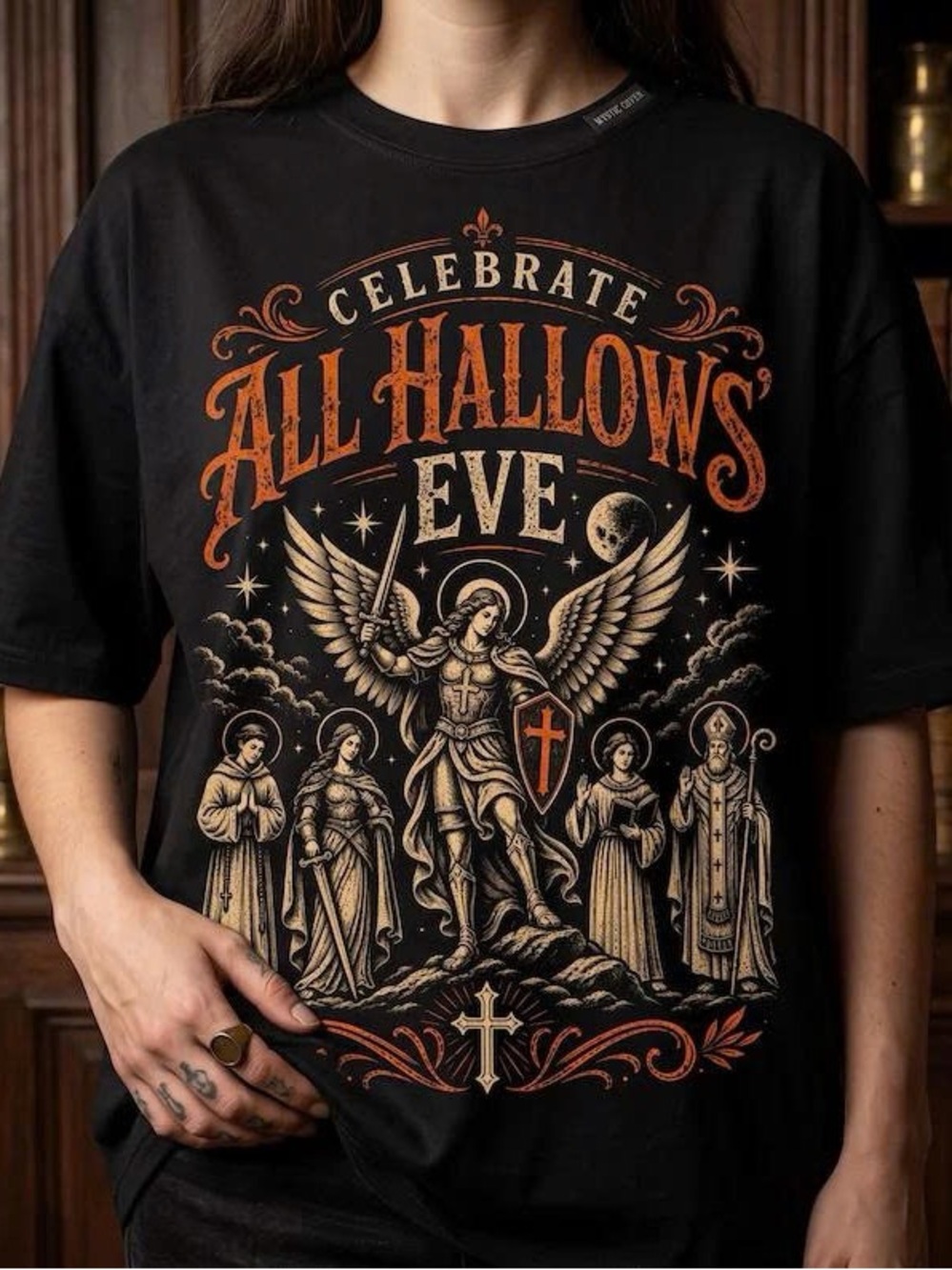 Gildan Black All Hallows' Eve Graphic Tee with Orange & Cream Artwork
